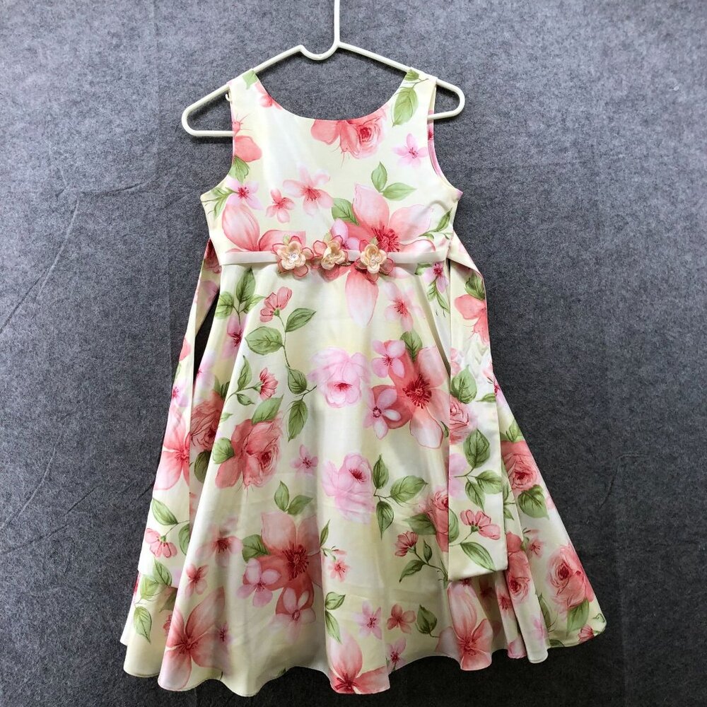 Rare Editions Girls Size 12 Party Dress Sleeveless Floral Pink Yellow‎ Tie Waist